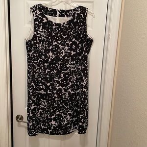 Black and white floral Jones New York dress with patent and gold belt.